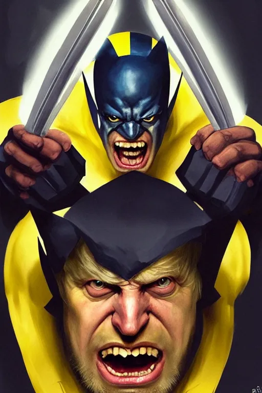 Image similar to Boris Johnson as calm but serious Wolverine, shining claws, yellow X-man costume, portrait, masculine figure, highly detailed, digital painting, artstation, concept art, smooth, sharp focus, illustration, cinematic lighting, art by artgerm and greg rutkowski and alphonse mucha