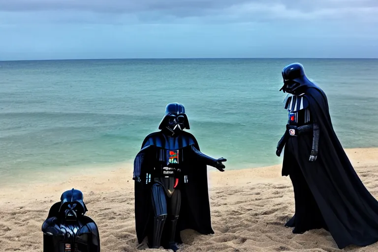 Prompt: darth vader goes to the beach for the first time