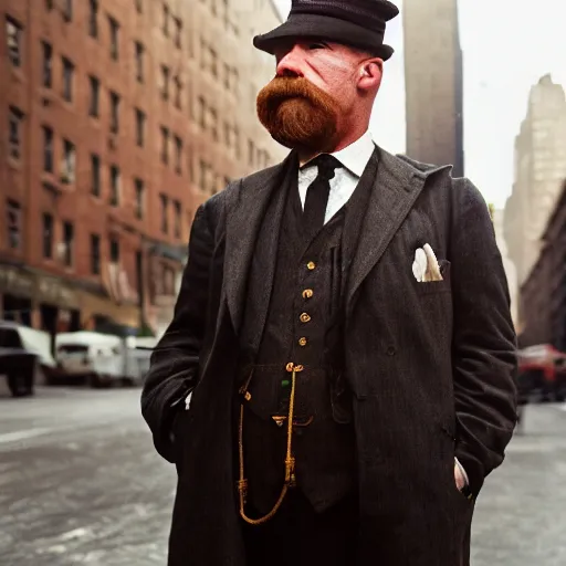 Prompt: closeup portrait of fat peaky blinders in a new york street, by Steve McCurry and David Lazar, natural light, detailed face, CANON Eos C300, ƒ1.8, 35mm, 8K, medium-format print