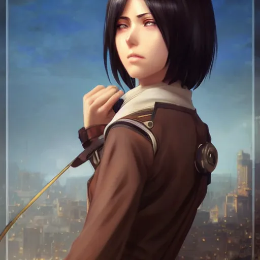 Image similar to mikasa ackerman, bokeh, beautiful face!!!!, 2 7 years old, cg animation, lifelike, animated, realistic, character select portrait, by artgerm, greg rutkowski, alphonse mucha, 3 d