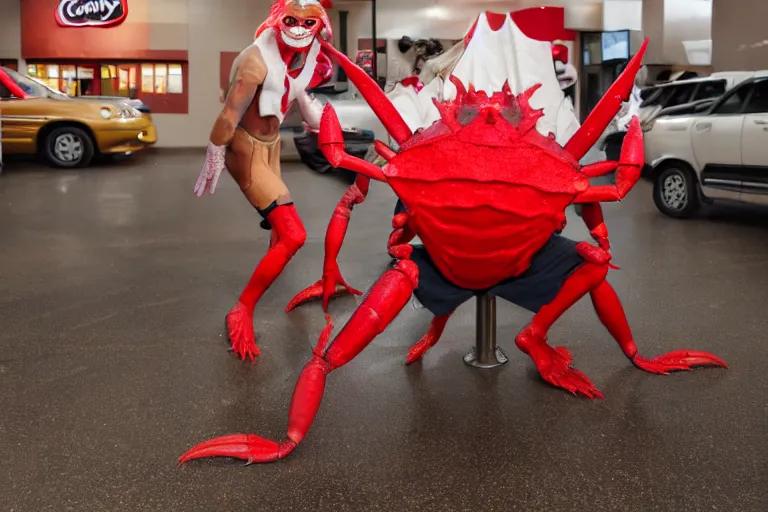 Image similar to cosplayer dressed like a crab, in 2 0 1 8, at an arbys, crabcore, royalcore, low - light photograph, photography by tyler mitchell