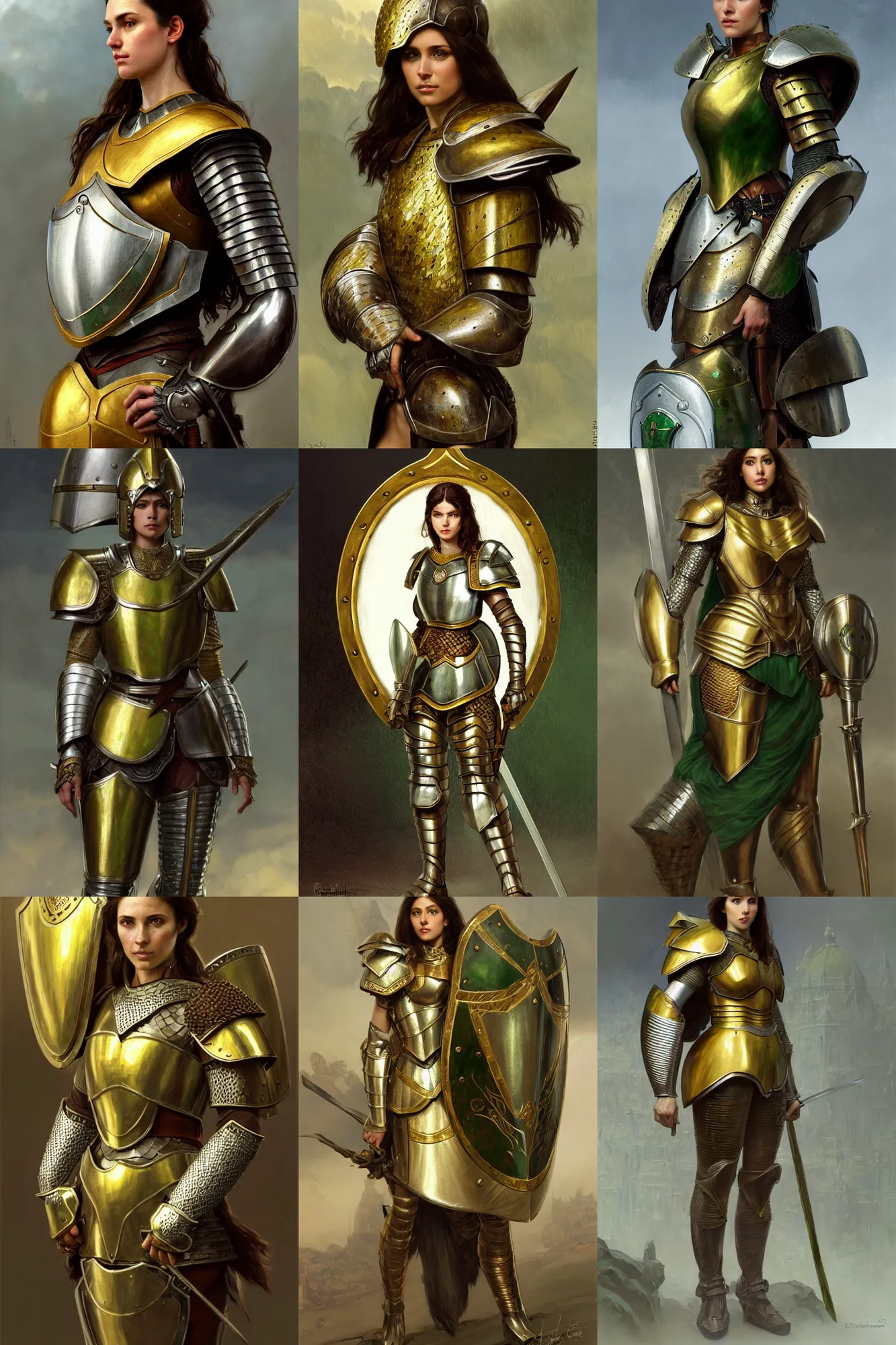 Prompt: full body portrait of a female italian warrior medium length brown hair and a very highly detailed face wearing elegant golden plate mail armor painted wit green and white accents, holding a rectangular tower shield, very highly detailed, artstation, cgsociety, realistic character concept art, sharp focus, by greg rutkowski, artgerm, and alphonse mucha