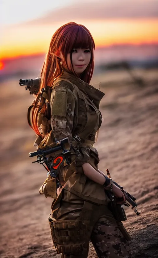 Prompt: highly detailed, high resolution, cosplay photo, stunning, real world, real sunset, in the middle of the battlefield, girls frontline style, bokeh soft, 100mm, trending on instagram, by professional photographer, featuring picciolina airsoftgirl, realistic anatomy, realistic military carrier, soldier clothing, modern warfare, realistic rifle