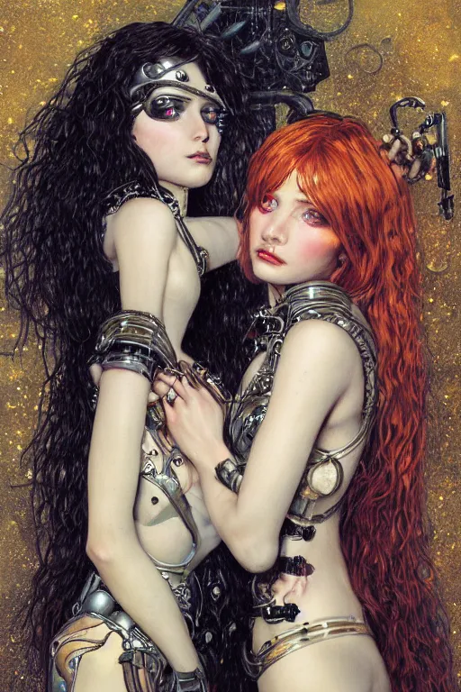 Image similar to portrait of two beautiful young gothic cyborg maidens, cyberpunk, Warhammer, kiss, highly detailed, artstation, illustration, art by Gustav Klimt