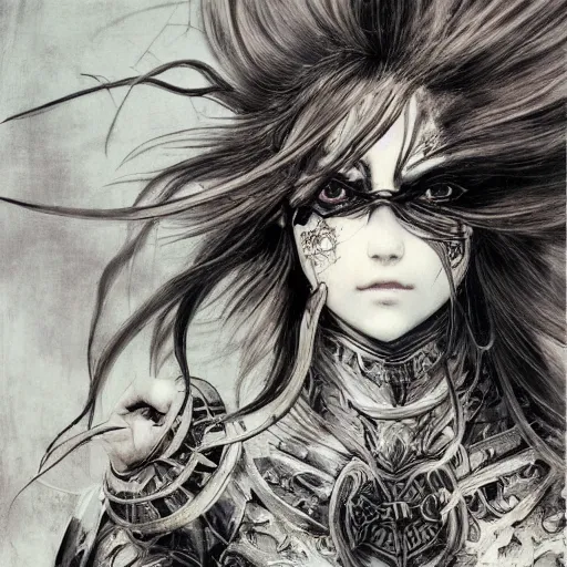 Prompt: yoshitaka amano realistic illustration of an anime girl with black eyes, wavy white hair fluttering in the wind and cracks on her face wearing elden ring armor with engraving, abstract black and white patterns on the background, noisy film grain effect, highly detailed, renaissance oil painting, weird portrait angle, three quarter view, head turned to the side