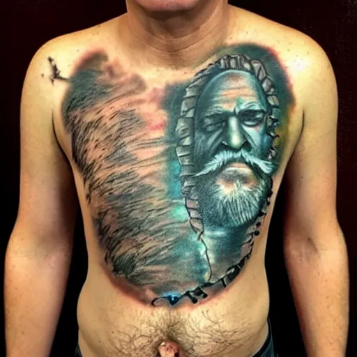 Prompt: an ultra realistic 8 k hdr photo of an award winning healed color tattoo of zardoz on a man ’ s super hairy chest