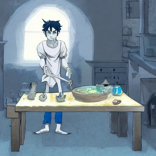 Image similar to concept art painting of an young man with blue skin, in a medieval living room, cooking rice, cel shaded, in the style of makoto shinkai and and studio ghibli