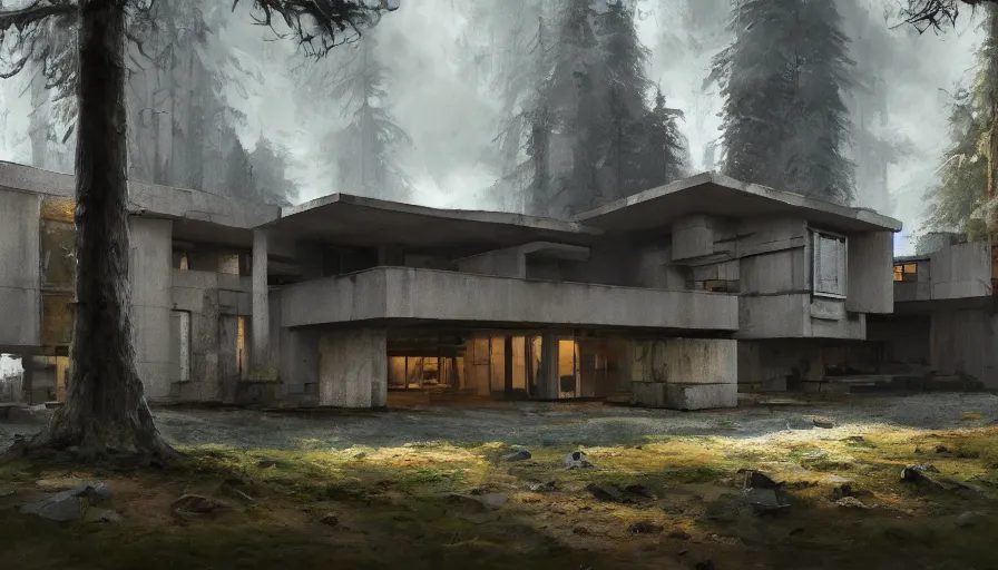 Image similar to brutalist house in the forest, cinematic shot, aaa game concept art oil painting by jama jurabaev, extremely detailed, brush hard, artstation, high quality, brush stroke