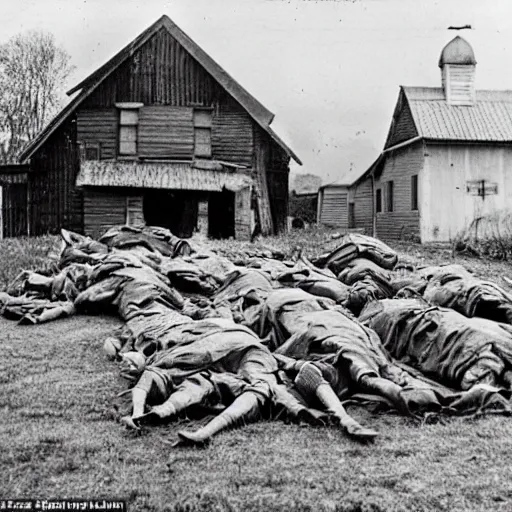 Image similar to a ww 2 picture of a pile of dead body's infront of a farm house, highly realistic, very detailed, taken on a ww 2 camera.