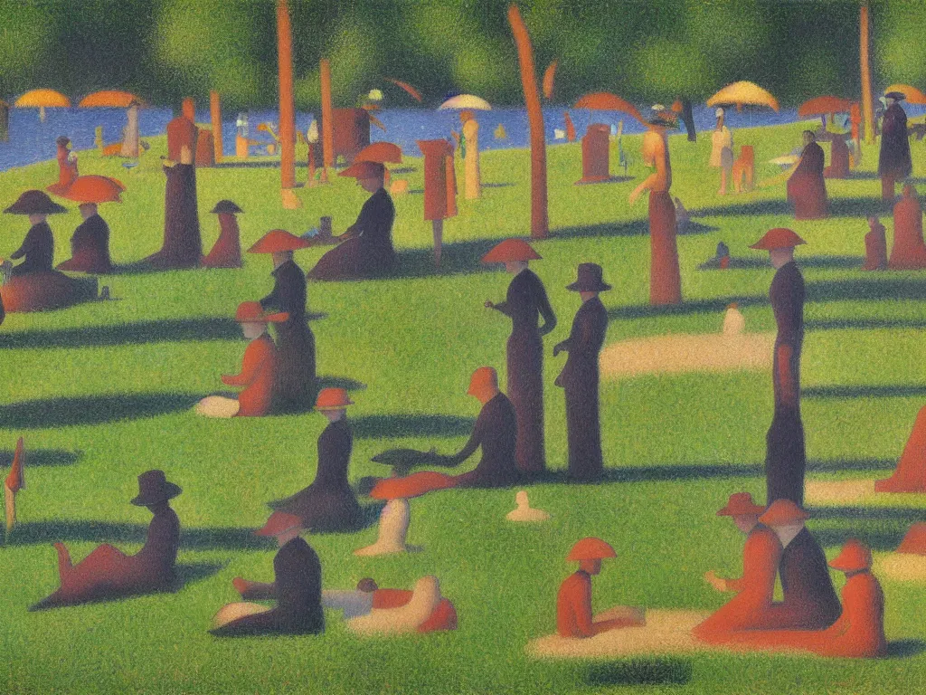 Prompt: a sunny day next to a river, many droids are milling in the park, by Georges Seurat and Moebius, trending on artstation