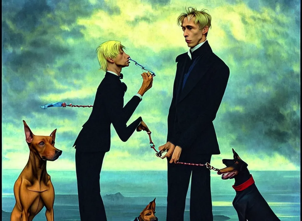 Image similar to realistic detailed portrait movie shot of an elegant blond male vampire with a doberman on a leash, sci fi landscape background by denis villeneuve, amano, yves tanguy, alphonse mucha, max ernst, caravaggio, roger dean, masterpiece, rich cold moody colours, dog teeth, blue eyes