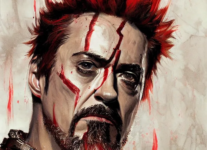 Image similar to a highly detailed beautiful portrait of robert downey jr as kratos, by gregory manchess, james gurney, james jean