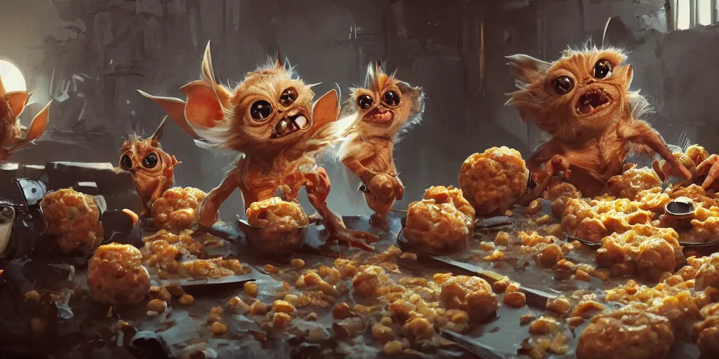 Prompt: gremlins addicted to meatballs, Greg Rutkowski, Darek Zabrocki, Karlkka, Jayison Devadas, Phuoc Quan, trending on Artstation, 8K, ultra wide angle, pincushion lens effect.