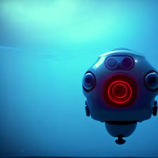 Image similar to a cute little robot under water. super realistic 8 k render of a dark hooded powerful elegant, cinematic composition