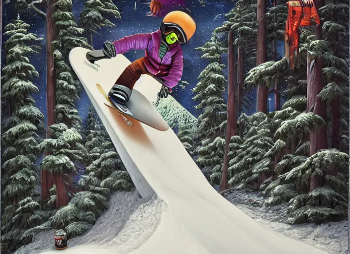 Image similar to a snowboard downhill that takes to a portal to another dimension, lowbrow, matte painting, 3 - d highly detailed, in the style of mark ryden,