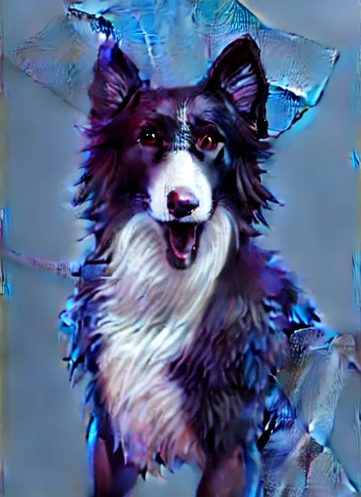 Prompt: full body digital painting of a cute male anthropomorphic border collie fursona wearing a mesh shirt, furaffinity, intricate, elegant, beautiful, fantasy, highly detailed, trending on artstation, art by charlie bowater and henry asencio and and ross tran