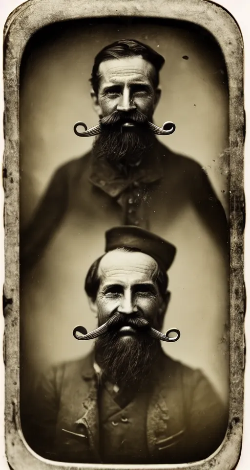 Image similar to a wet plate photograph, a portrait of a lone cobbler with a handlebar mustache