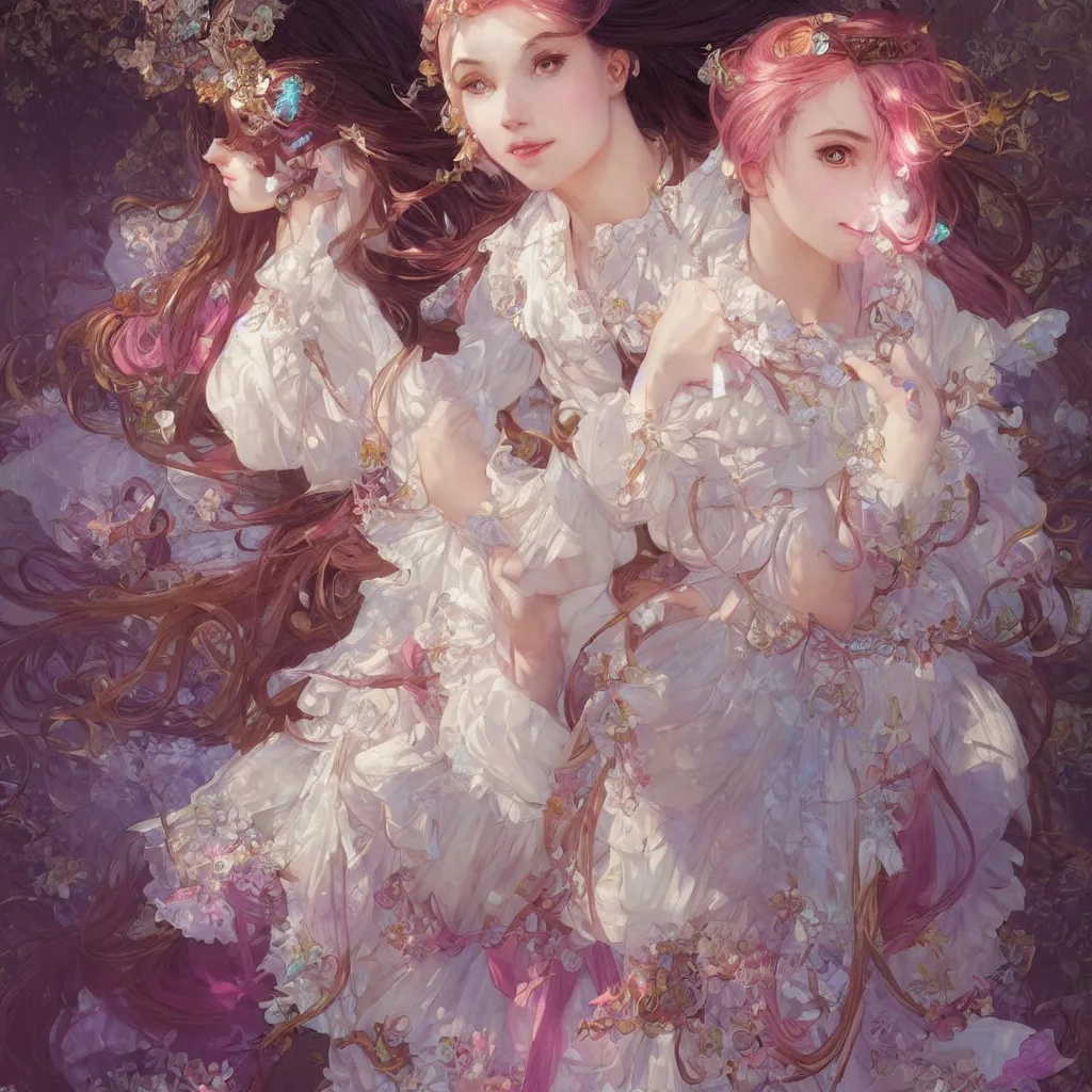 Image similar to portrait of a magical lolita girl, dreamy and ethereal, happy expression, ornate frilly dress, fantasy, intricate, elegant, colored crystal, highly detailed, digital painting, artstation, concept art, smooth, sharp focus, illustration, art by artgerm and greg rutkowski and alphonse mucha