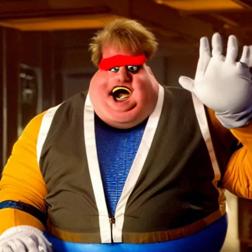 Prompt: Chris Farley playing Doctor Robotnik, in the new action-movie Sonic, full-cosplay