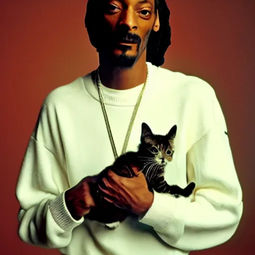 Prompt: Snoop Dogg holding a kitten for a 1990s sitcom tv show, Studio Photograph, portrait, C 12.0