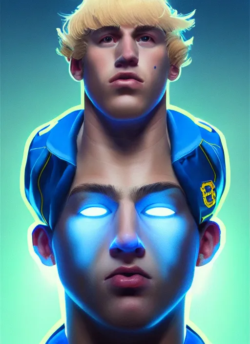 Image similar to portrait of high school senior boy named big moose, blonde short hair, jock, beefy, wide face, square jaw, square facial structure, blue varsity jacket with his name, intricate, elegant, glowing lights, highly detailed, digital painting, artstation, concept art, sharp focus, illustration, art by wlop, mars ravelo and greg rutkowski