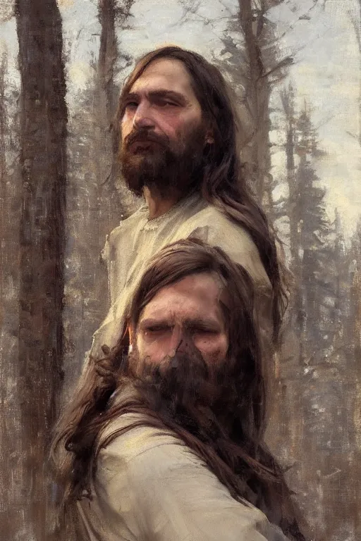 Prompt: Richard Schmid and Jeremy Lipking full length portrait painting classic Jesus christ