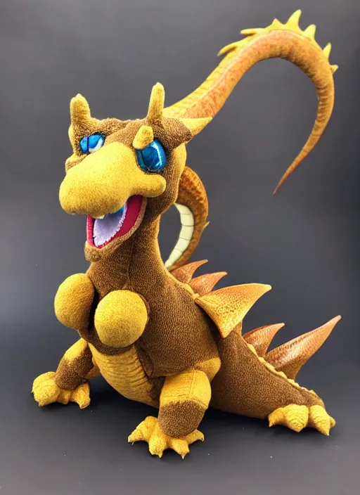 Prompt: a dragon plush. beautifully made, detailed, cute, soft. high quality, studio lighting, product image