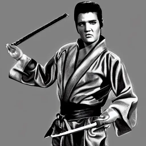 Image similar to elvis presley standing in a fighting stance holding a katana by the hilt with both hands ready to strike, realistic, digital painting, detailed,