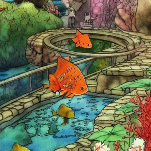 Prompt: beatiful aquarium with goldfish drawn in ghibli style, anime ghibli studio drawing
