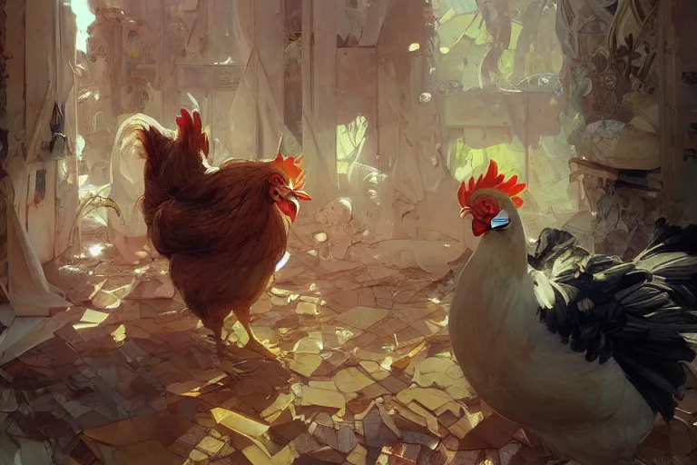 Image similar to chickens taking over the world , elegant, highly detailed, digital painting, artstation, concept art, smooth, sharp focus, illustration, art by Krenz Cushart and Artem Demura and alphonse mucha