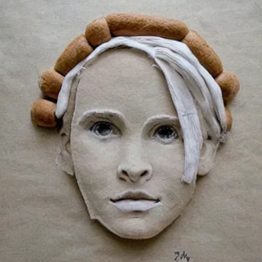 Image similar to a sculpture of emma watson made out of bread as a kids drawing