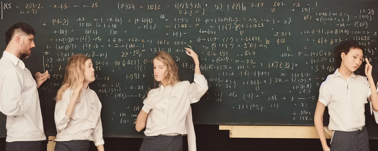 Image similar to mathematicians standing around a chalkboard solving an equation about spaghetti, detailed facial expression, canon 5 0 mm, cinematic lighting, photography, retro, film, kodachrome