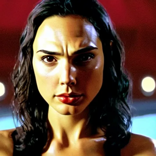 Image similar to Live Action Still of Gal Gadot in Pulp Fiction, real life, hyperrealistic, ultra realistic, realistic, highly detailed, epic, HD quality, 8k resolution, body and headshot, film still