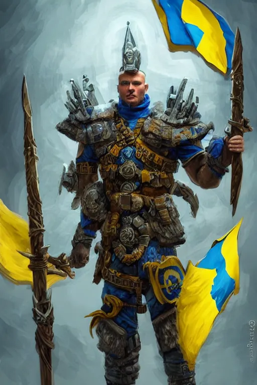 Prompt: a distant shot from below of a Ukrainian super soldier with blue and yellow flag behind him and a trident symbol on the chest standing alone on a huge pile of skulls posing as a winner, masculine muscular figure, D&D, fantasy, intricate, elegant, highly detailed, extremely detailed, digital painting, artstation, concept art, matte, smooth, hyper realistic, sharp focus, illustration, art by Artgerm and Greg Rutkowski and Alphonse Mucha