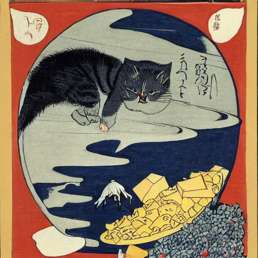 Image similar to a cat sitting on a rocketship headed for the moon made of cheese, by hokusai and george bellows