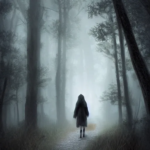 Prompt: highly detailed digital matte painting of little red riding hood walking through a dark foggy forest path, grimdark atmosphere, and volumetric light. trending on artstation, luis royo