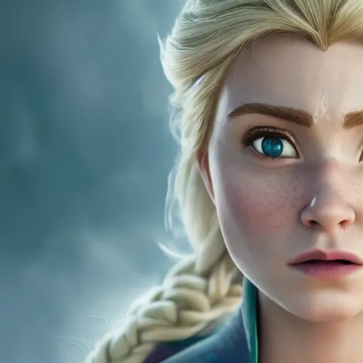 Image similar to newest avenger Elsa from frozen, promo photo, hyper detailed, octane render, 4k, dramatic, cinematic lighting