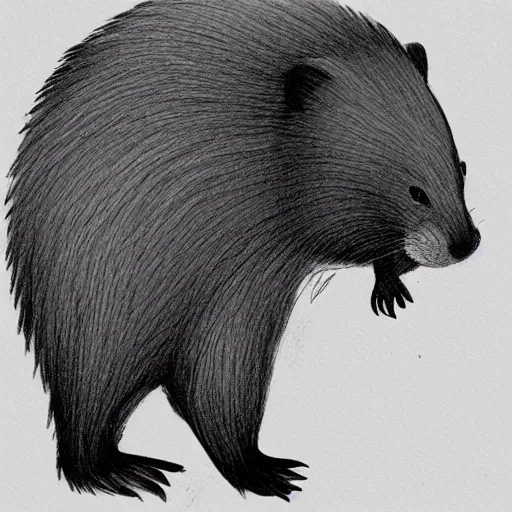 Image similar to a beaver in profile, big tail, fluffy fur drawn concept art