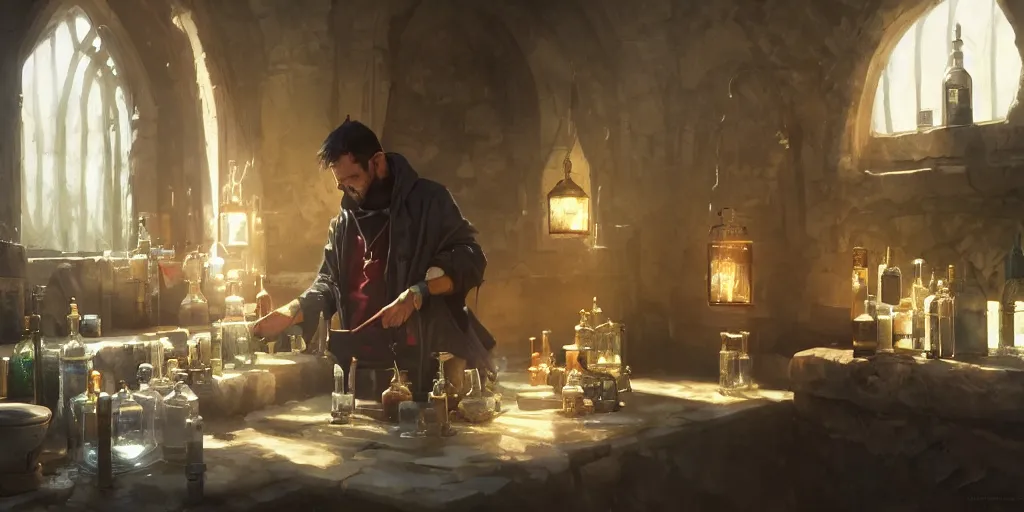 Prompt: An Alchemist inspecting his potions by Greg Rutkowski, 4k photorealistic, volumetric lighting, HD, high details, dramatic, trending on artstation