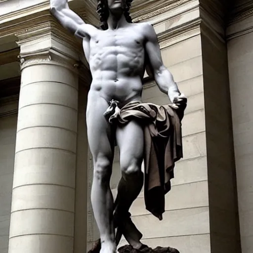 Image similar to David by Michelangelo but David’s face is replaced with Waluigis face from nintendo