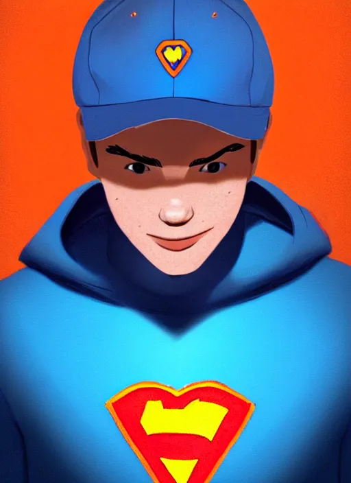 Image similar to friendly teenage archie andrews wearing an orange superhero costume with heart logo, heart, orange costume, blue cape, freckles, cape, heart emblem on chest, heart, blue cape, intricate, elegant, glowing lights, highly detailed, digital painting, artstation, sharp focus, illustration, art by wlop, mars ravelo and greg rutkowski