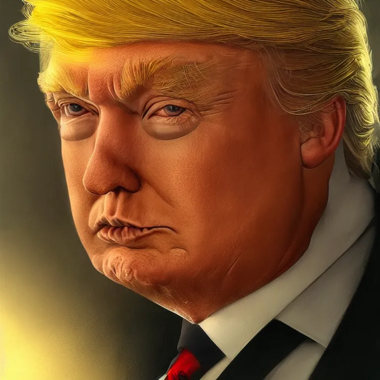 Image similar to a portrait of Donald Trump, his eyes glow yellow, in style of Tom Bagshaw, attractive, highly detailed portrait, scifi, digital painting, artstation, concept art, smooth, sharp foccus ilustration, Artstation HQ