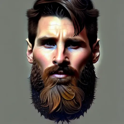 Image similar to Messi with a majestic beard, closeup, D&D, fantasy, intricate, elegant, highly detailed, digital painting, artstation, concept art, matte, sharp focus, illustration, art by Artgerm and Greg Rutkowski and Alphonse Mucha