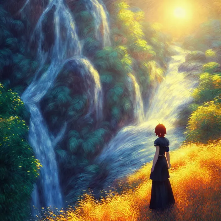 Image similar to an epic makoto shinkai and renoir landscape of a woman's hair - waterfall, golden hour, ultra smooth, lois van baarle, ilya kuvshinov, unreal engine, blender, trending on artstation, suntur, caleb worcester, highly detailed, photorealism, bloom effect 8 k