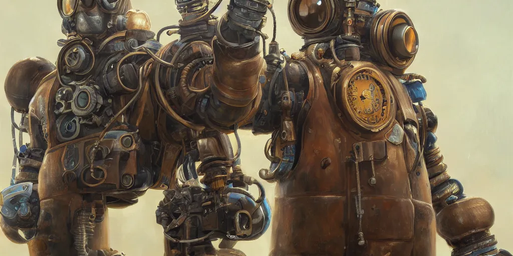 Prompt: highly detailed portrait painting of welder in atmospheric diving suit, perfect symmetrical eyes, by eddie mendoza and tyler edlin, windows, 8 k resolution