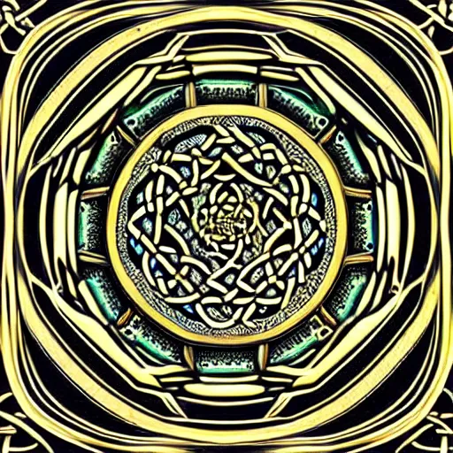 Image similar to ornate twisting three dimensional multilayered celtic pattern vortex inside a hexagonal shape, intricate detail, complex, jade, gold, silver, obsidian