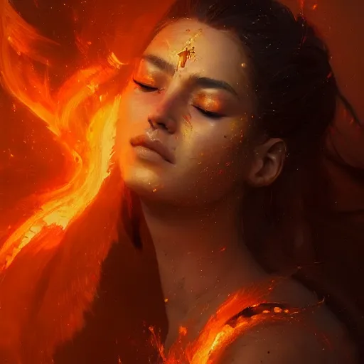 Image similar to a beautiful portrait of a fire goddess with closed eyes by greg rutkowski and raymond swanland, trending on artstation, flaming background, ultra realistic digital art