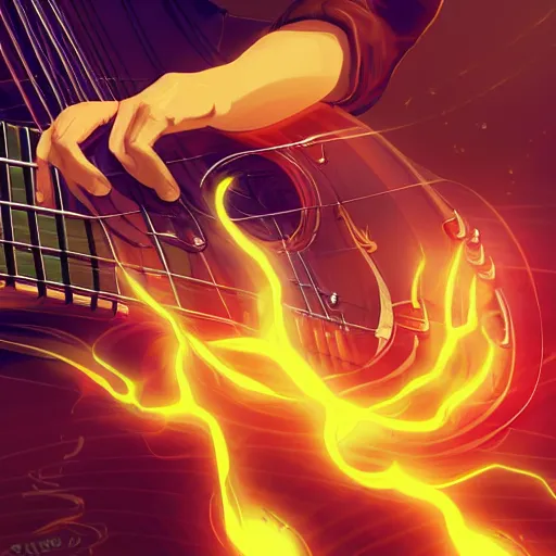 Image similar to a guitarist playing so intensely there is electricity shooting out from under his finger tips and freboard, amazing ditial art, trending on artstation, featured on deviantart