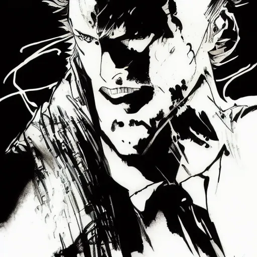 Prompt: DC vertigo The Sandman portrait by Yoji Shinkawa and Ashley Wood, black and white, ink brush