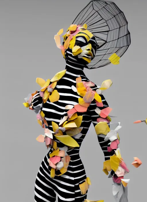 Prompt: an anthromorphic beautiful bee woman wearing striped couture made out of wax and paper and flower petals, at a fashion shoot, by issey miyake, trending on Art Station, 3D, octane render,